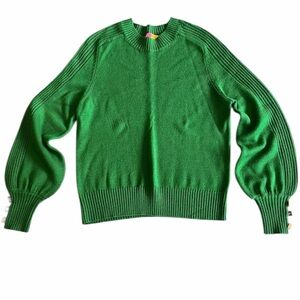 VillaGallo Green Sweater‎ Gold Geometric Buttons on Balloon Sleeves. Small.